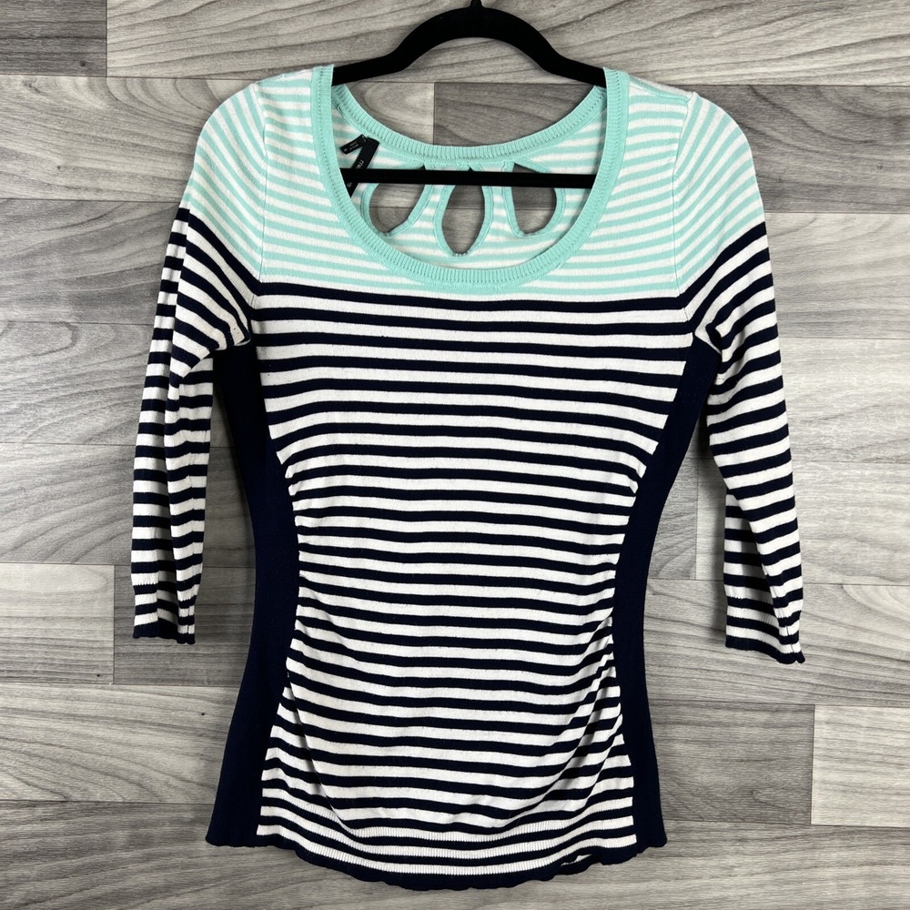 Maurices Womens Small Sweater White Blue Striped Knit Cut Out‎ Back Slim Fit